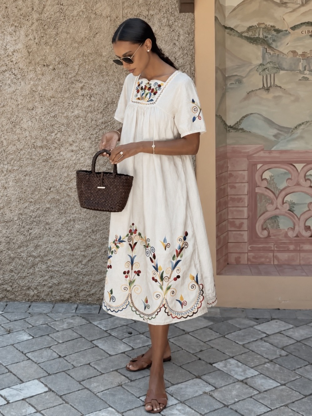 Handmade Cream Embroidered Floral Boho Midi Dress Cottagecore Artisan S/M